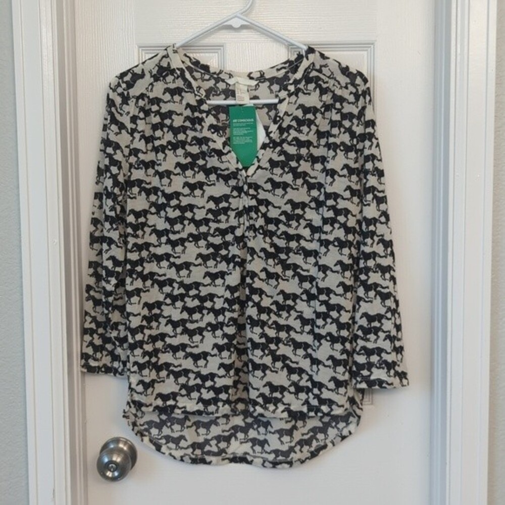 H&M Conscious Collection Long Sleeve Horse Print Blouse Shirt Size M